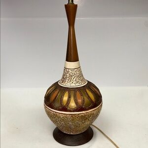 MID CENTURY 29.5” heavy weight , textured ceramic base with walnut  neck lamp